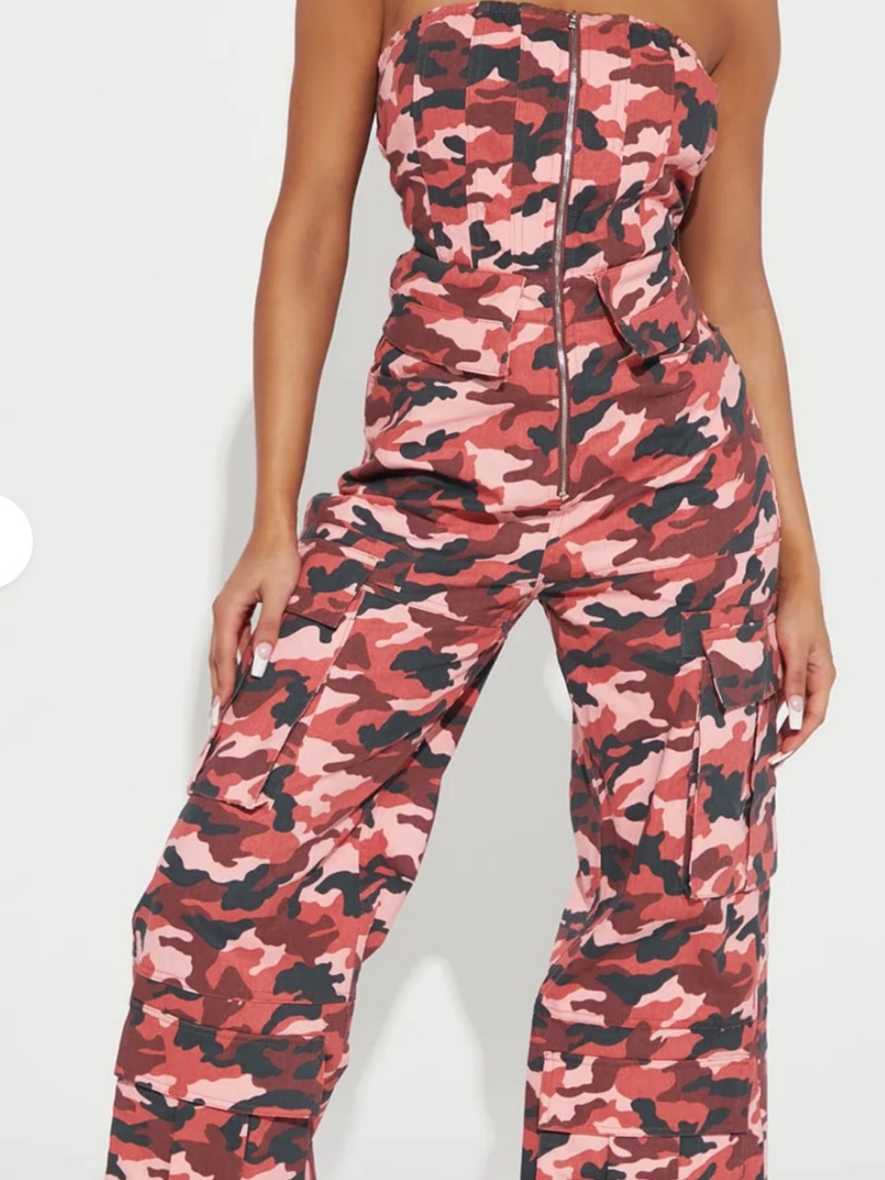 Fashion Nova Pink Camo Strapless Wide-Leg Jumpsuit